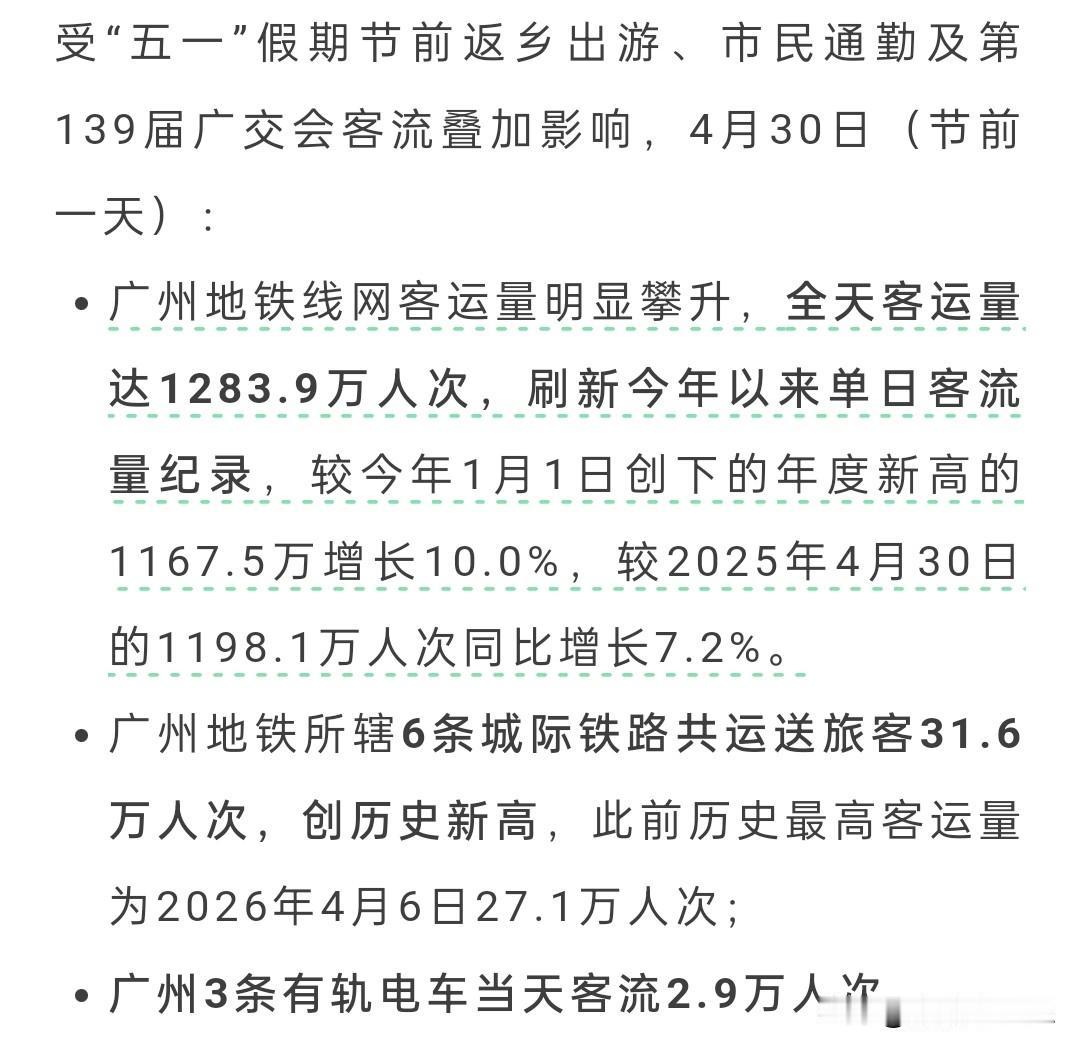 五一前夕，广州地铁旗下的地铁、城际和有轨，皆人潮涌涌、丁财两旺。其中，地铁和城际