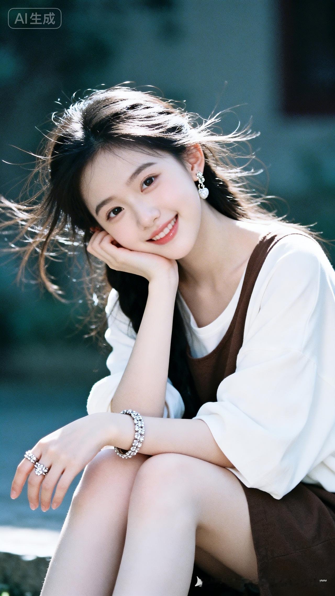 小薇绝美精致，冷白皮细腻透亮，深棕短发发丝轻扬。咖白宽松上衣，精致首饰点缀，室内