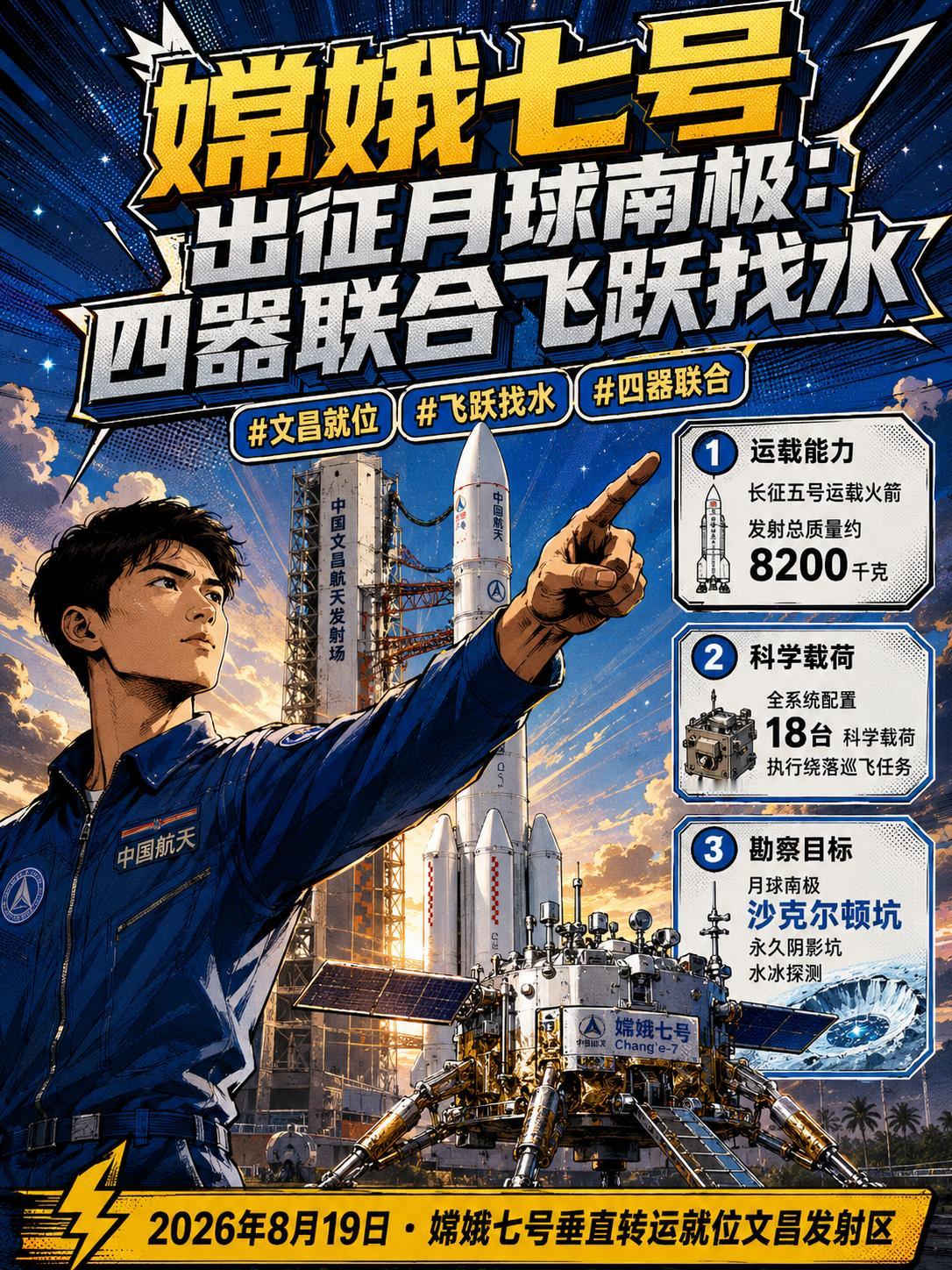 嫦娥七号垂直转运文昌发射区，月球南极飞跃探测水冰将迎突破！
文昌航天发射场迎来关
