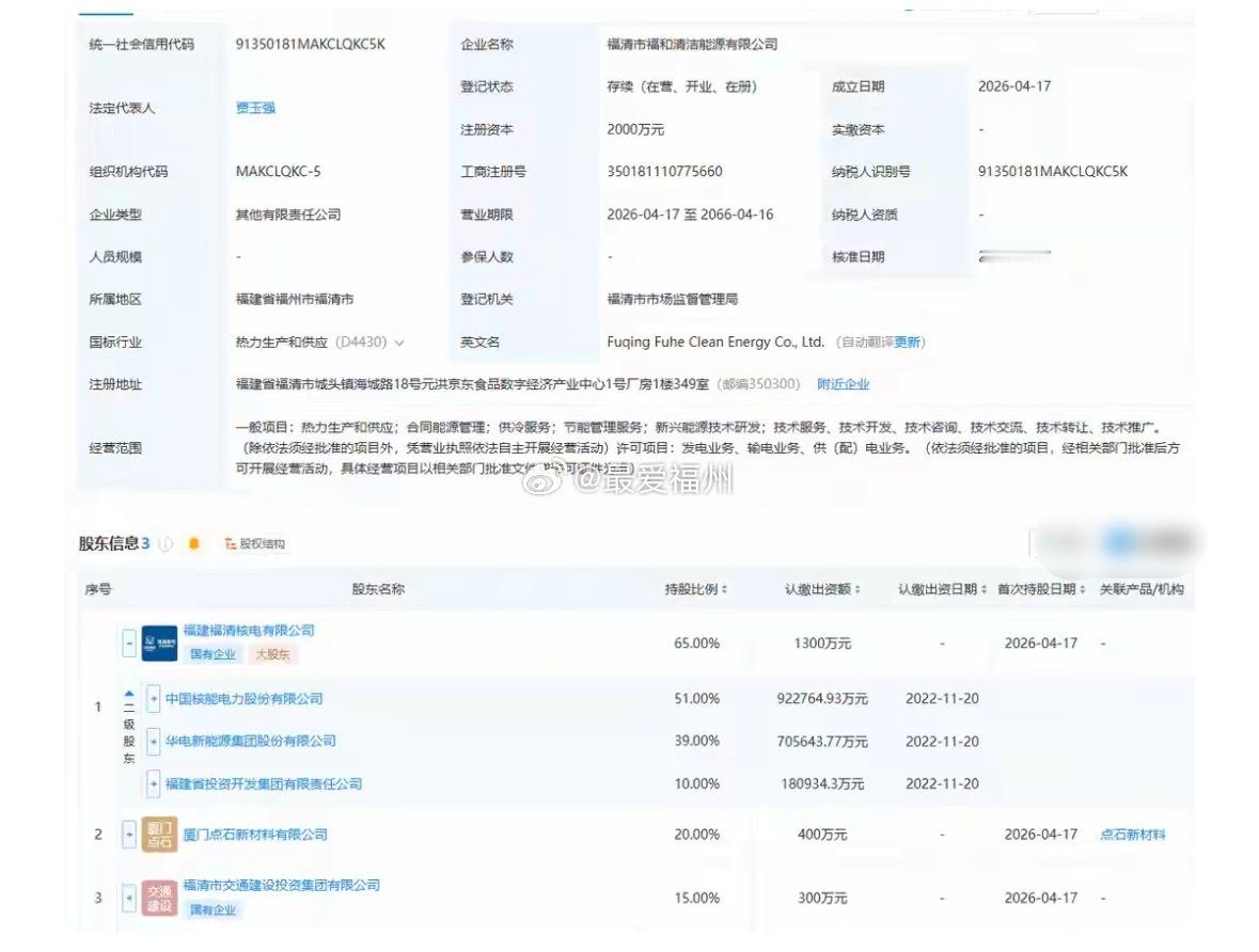 中国核电、福清市国资等成立清洁能源公司 