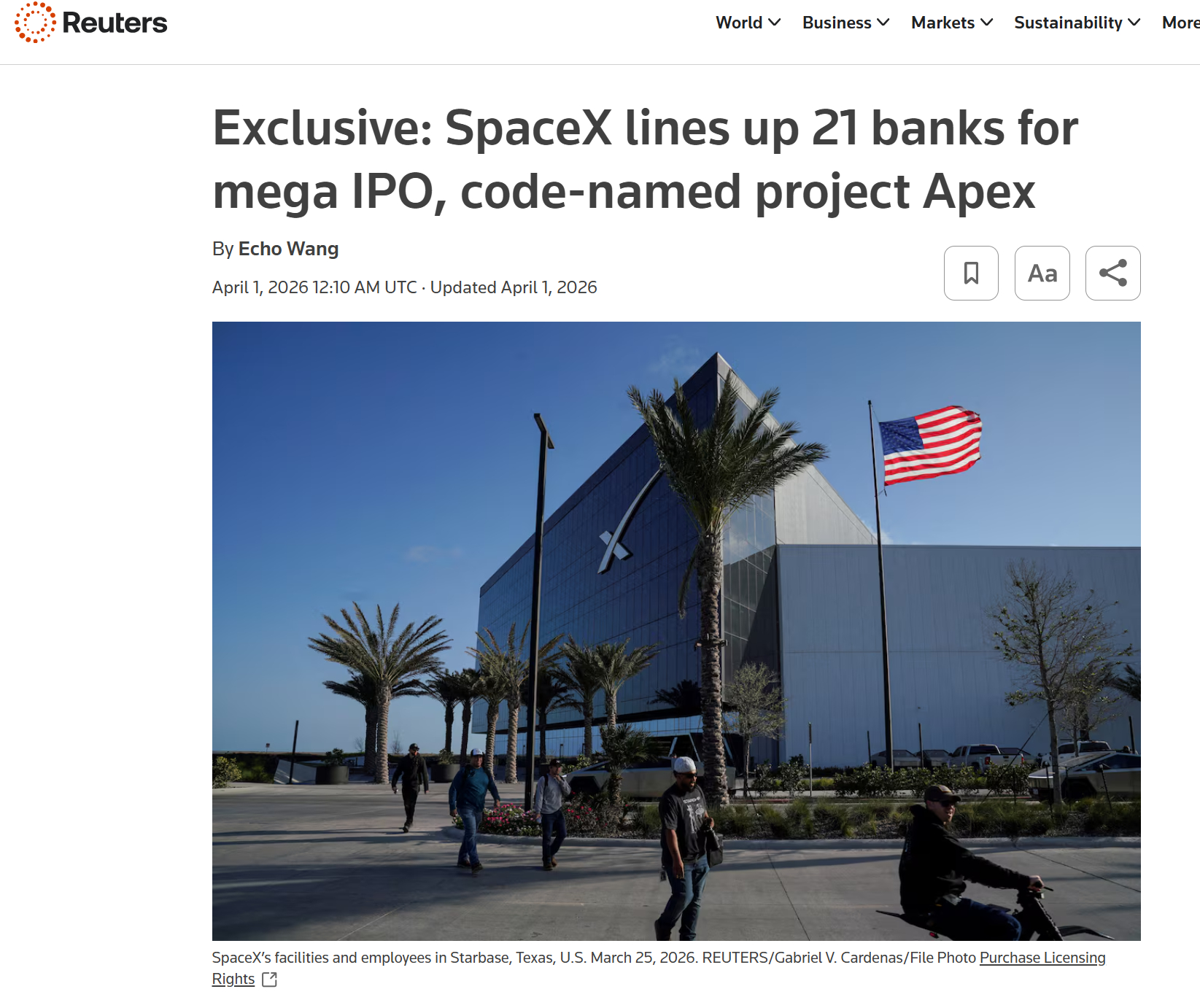 烽火问鼎计划 据知情人士向路透社透露，SpaceX正与至少21家银行就其大规模首