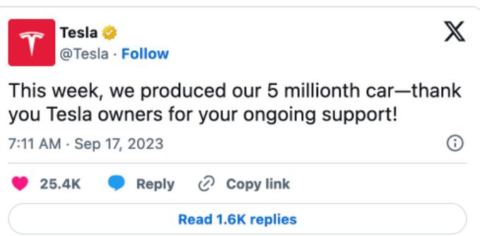 比亚迪之后又有一家新能源企业宣告500万辆目标达成，9月17日，特斯拉宣布全球第