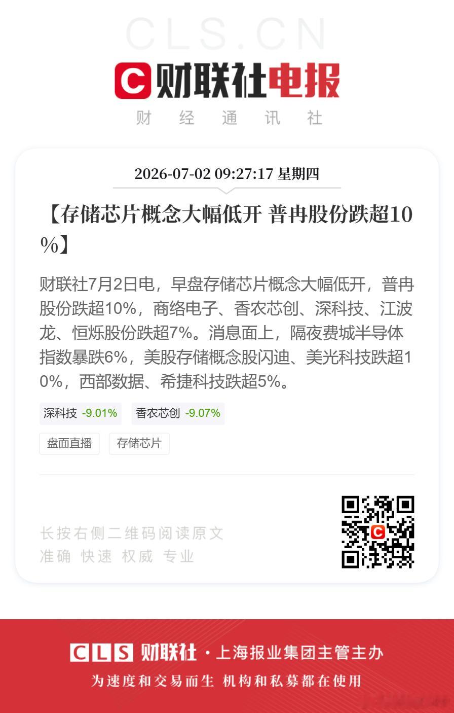 【存储芯片概念大幅低开普冉股份跌超10%】财联社7月2日电，早盘存储芯片概念大幅