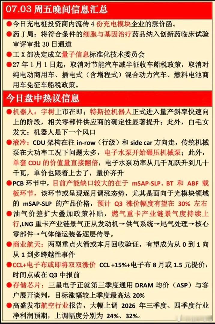 7.03周五  晚间：财经热点信息汇总！1.充电桩2.宇树科技3.液冷服务器4.