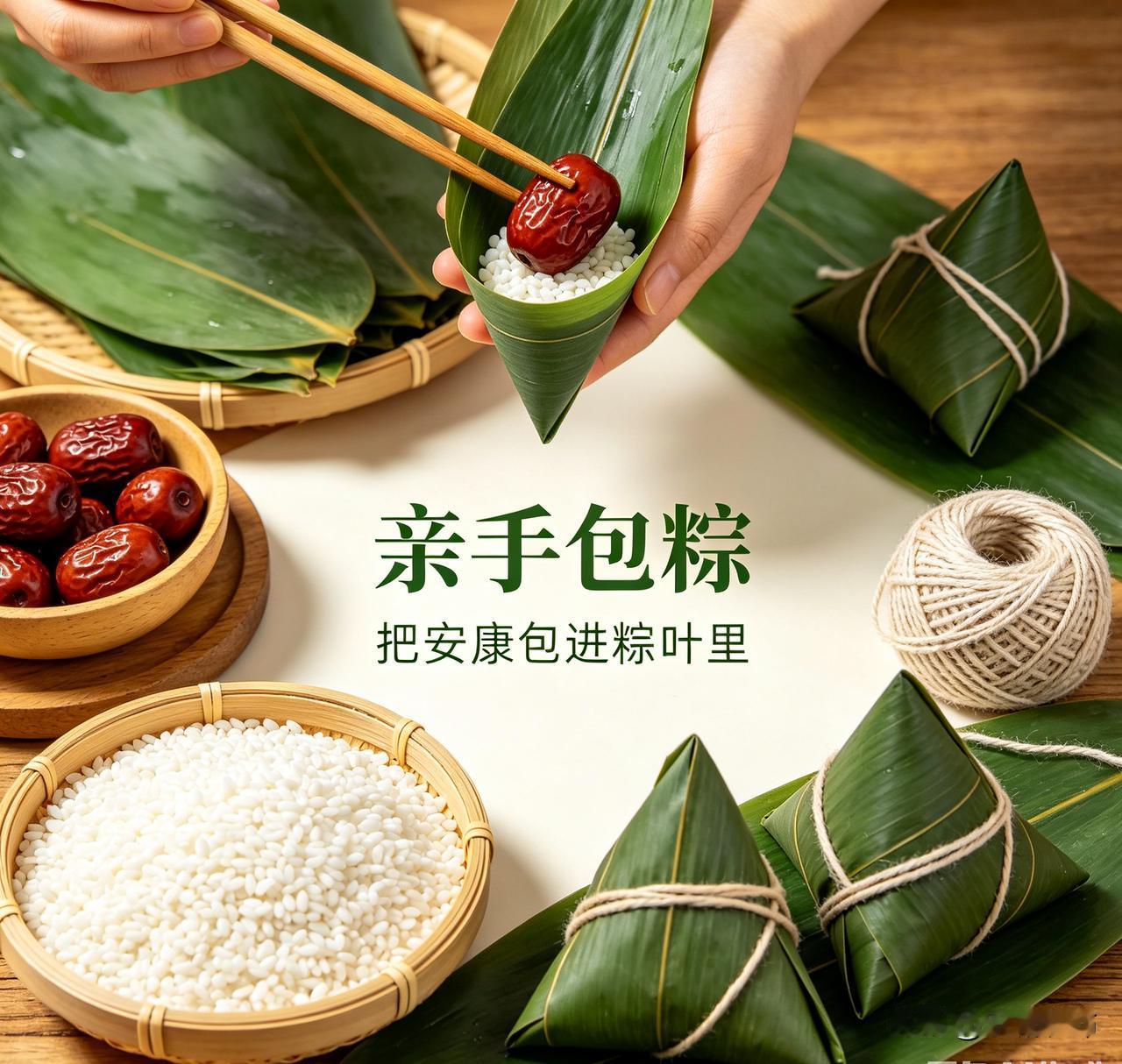 端午包粽子是传统习俗。提前泡好糯米、洗净粽叶，备好蜜枣、五花肉、咸蛋黄等馅料。取