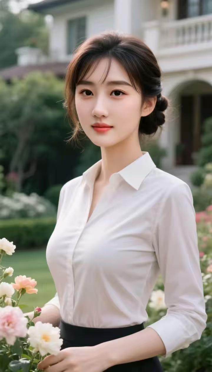 白衫少女
素衫清雅倚芳丛，
浅笑嫣然沐暖风。
一径花香凝秀色，
人间清婉少女容。