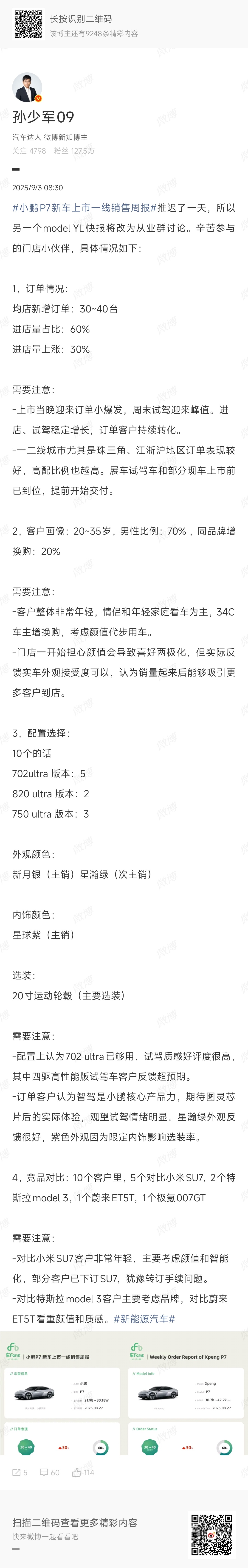 车fans的小鹏P7上市快报：店均新增订单30-40台，702Ultra占50%