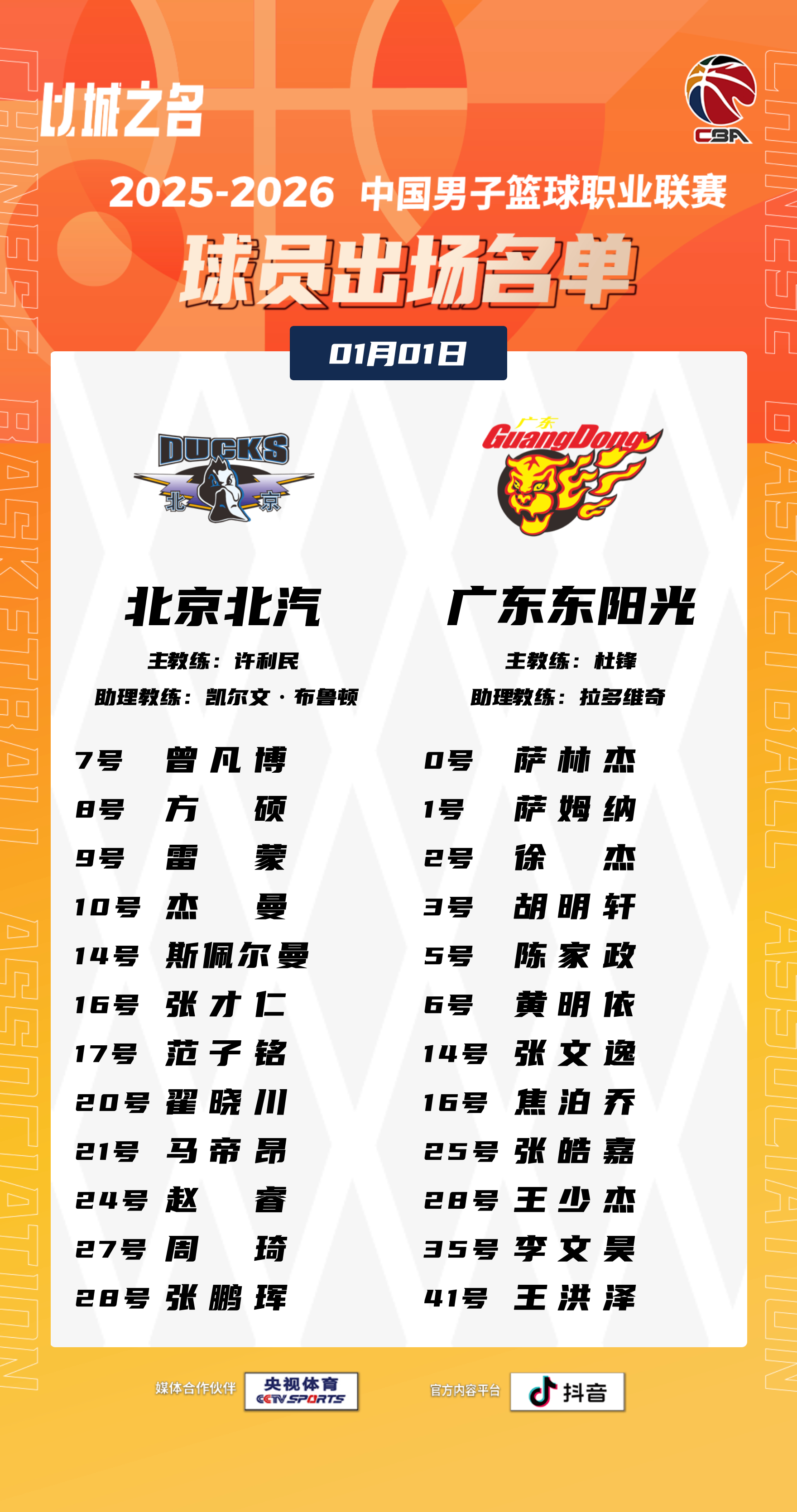 💙比赛日•主场迎战广东赛前名单陈盈骏并未出现在赛前名单，有可能休战。曾凡博赛季