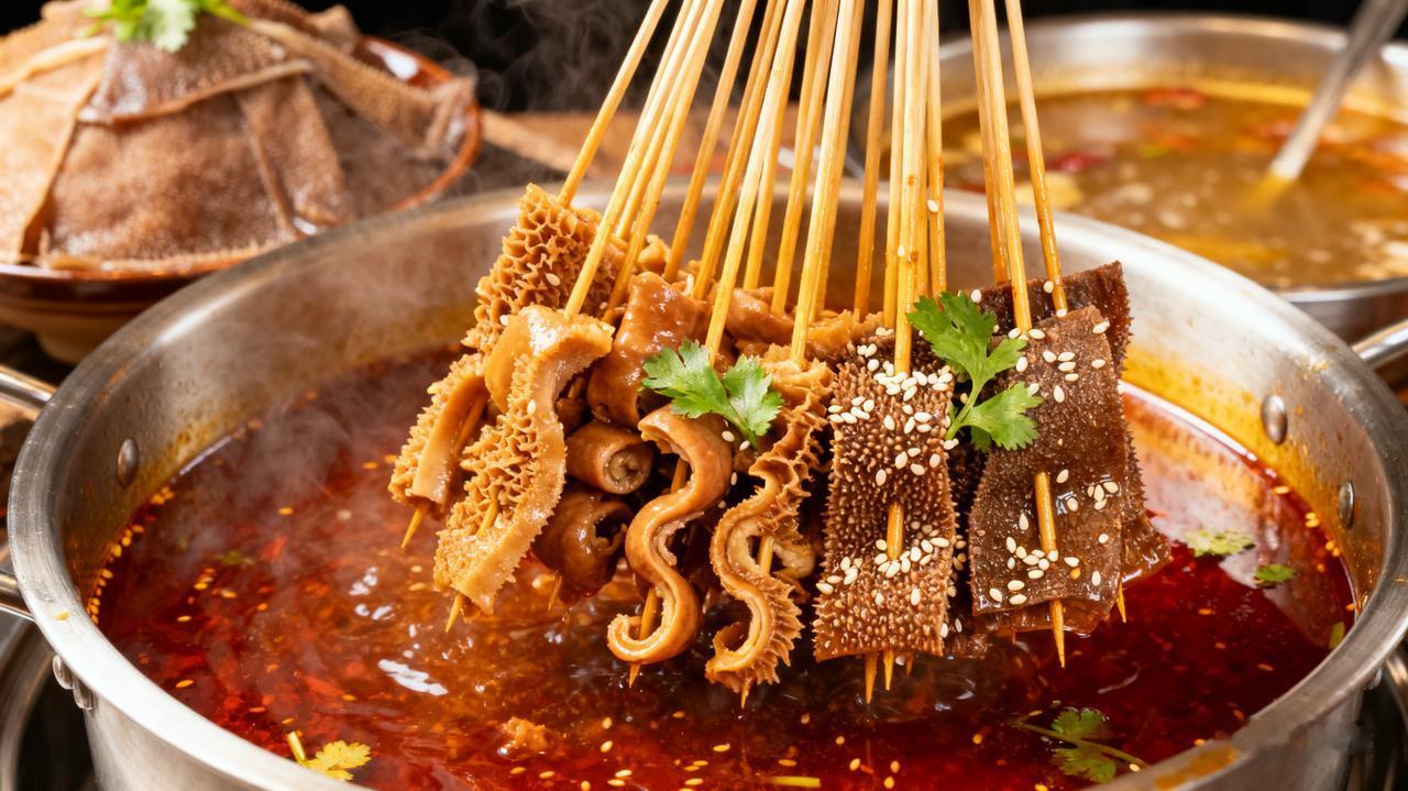 麻辣串串香在红汤锅底中浸润，毛肚、鸭肠等食材串在签上，撒满芝麻与香菜，热气腾腾，