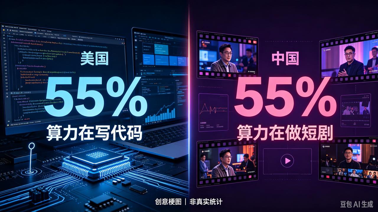 【中国55% 的算力在做短剧，美国 55% 的算力在写代码】

偶然看到这样的说