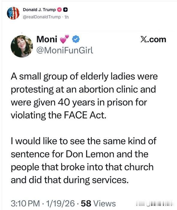 川普转发贴文，称要给闯入教堂闹事的人严厉的判决。
“一小群老太太在堕胎诊所外抗议