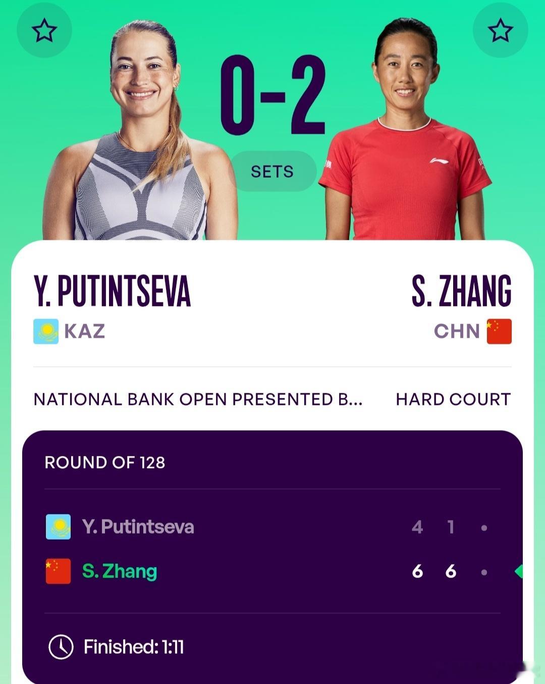 WTA1000多伦多站🇨🇦女单第1轮张帅🇨🇳6-4/6-1战胜普丁塞娃?