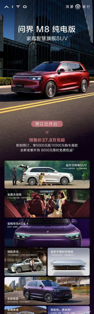 问界M8纯电版预售37.8万起7月25日，鸿蒙智行发布，家庭智慧旗舰SUV问界M