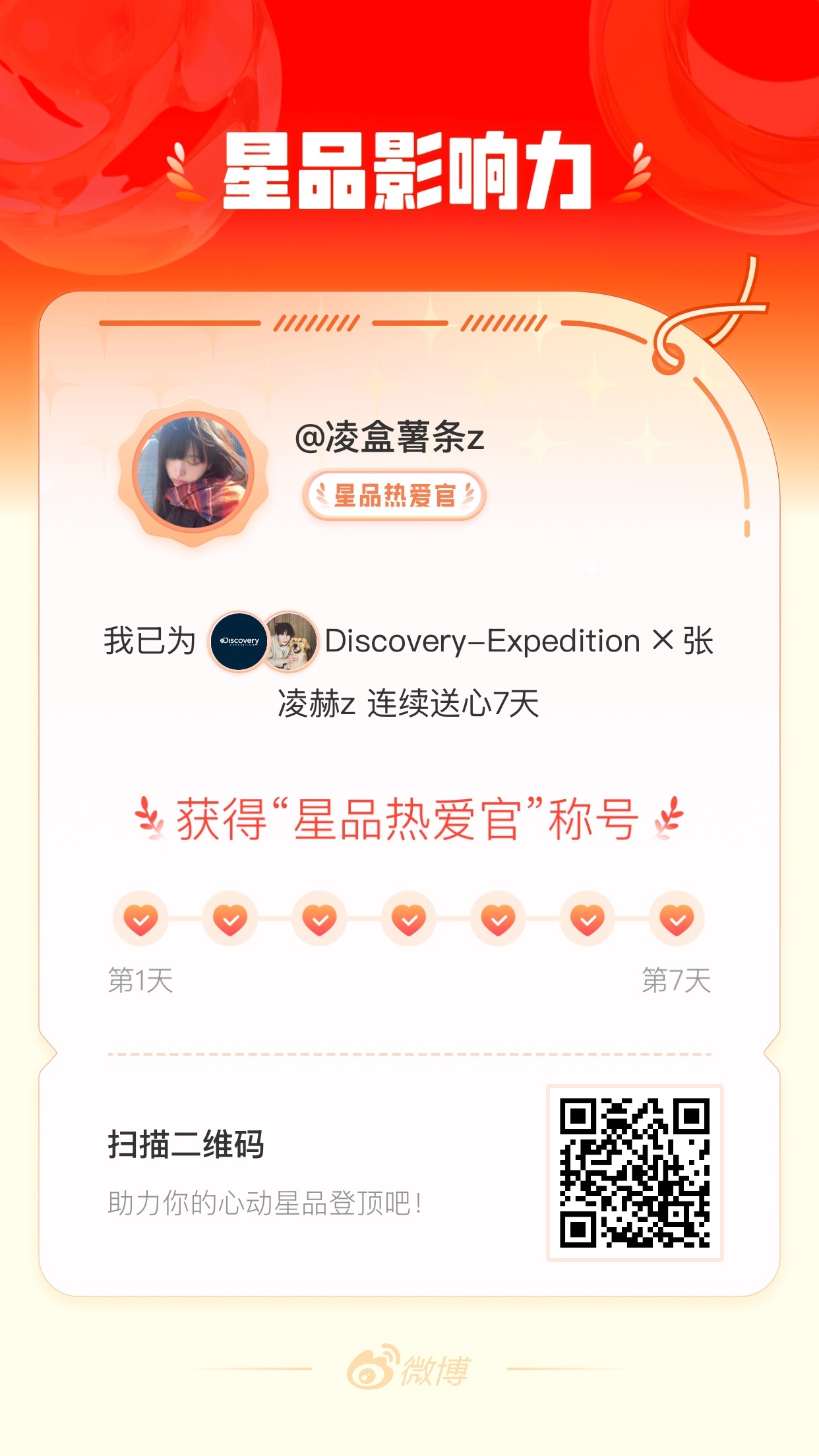 张凌赫[超话] 我在星品影响力上为 X 连续送心7天，获得“星品热爱官”称号！快