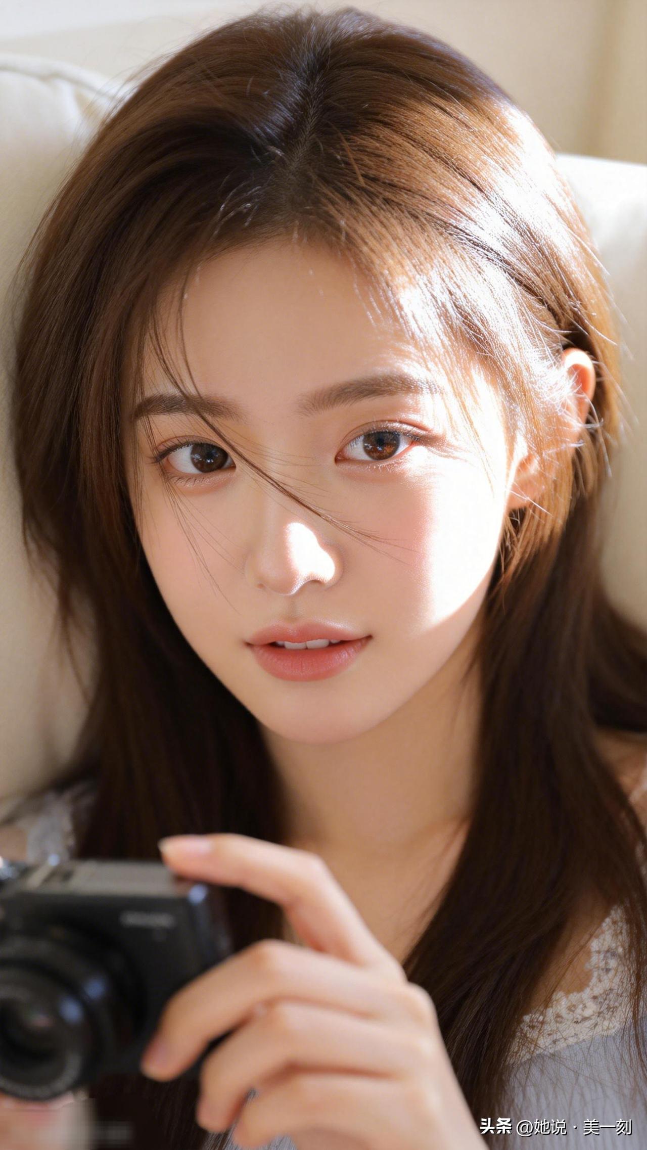 阳光下的少女，手持相机，捕捉美好瞬间。可以分享一下你认为最美的照片好吗