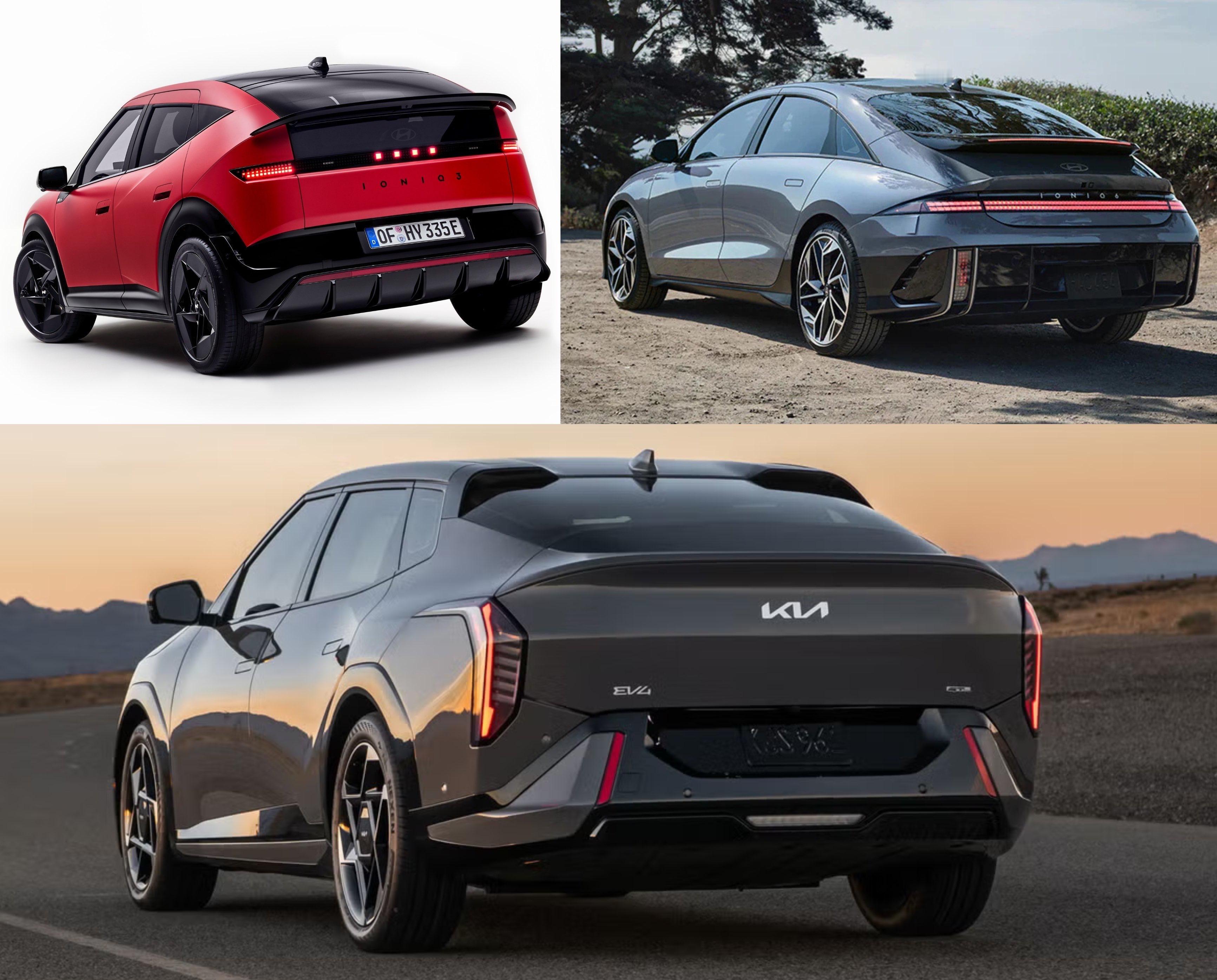 起亚和现代共用一套设计语言。左上：现代IONIQ 3（刚发布的入门电动车） 右上