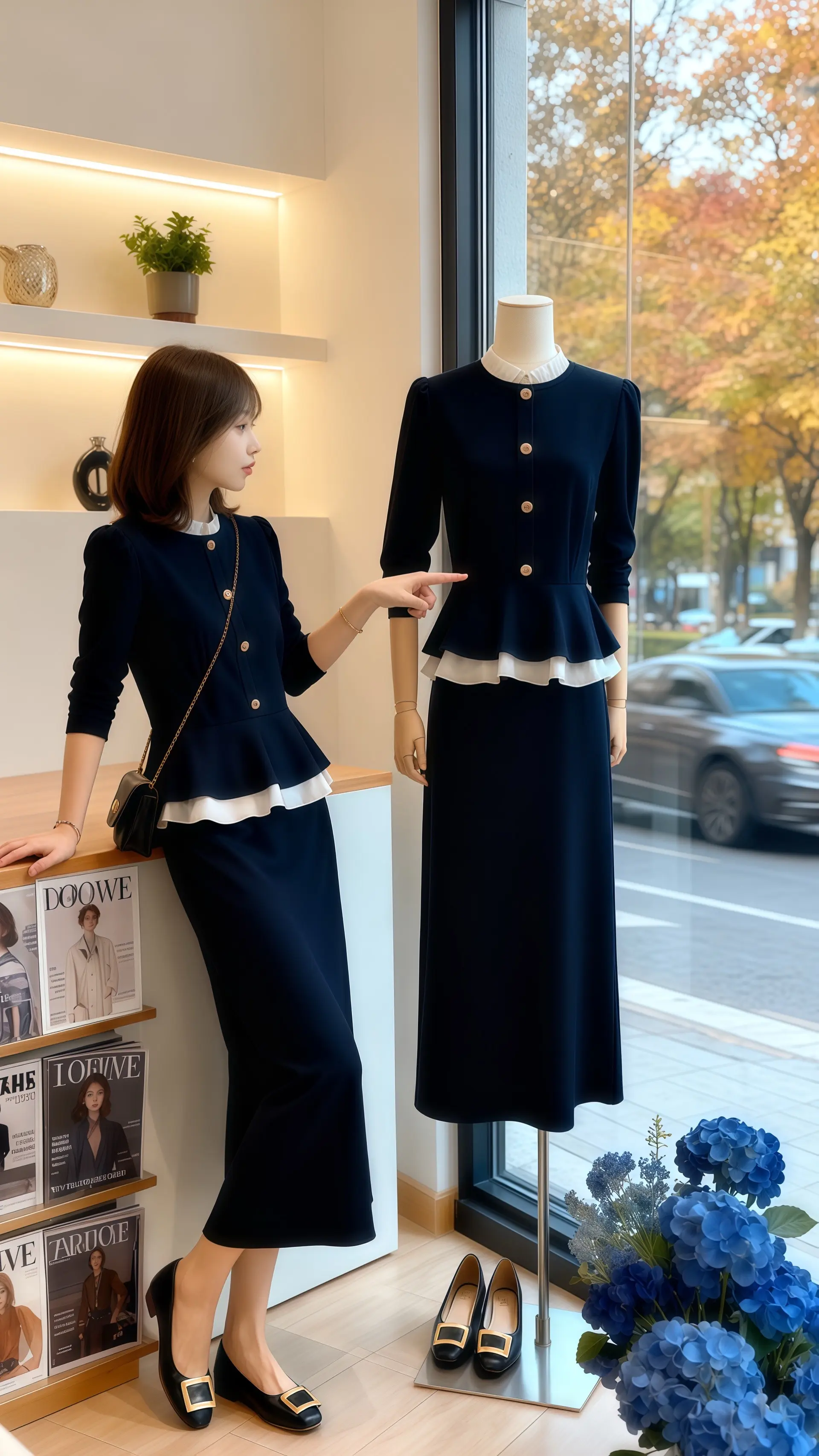 她穿着高级感气质连衣裙，荷叶边裙摆随微风轻漾，勾勒出恰到好处的显瘦曲线...