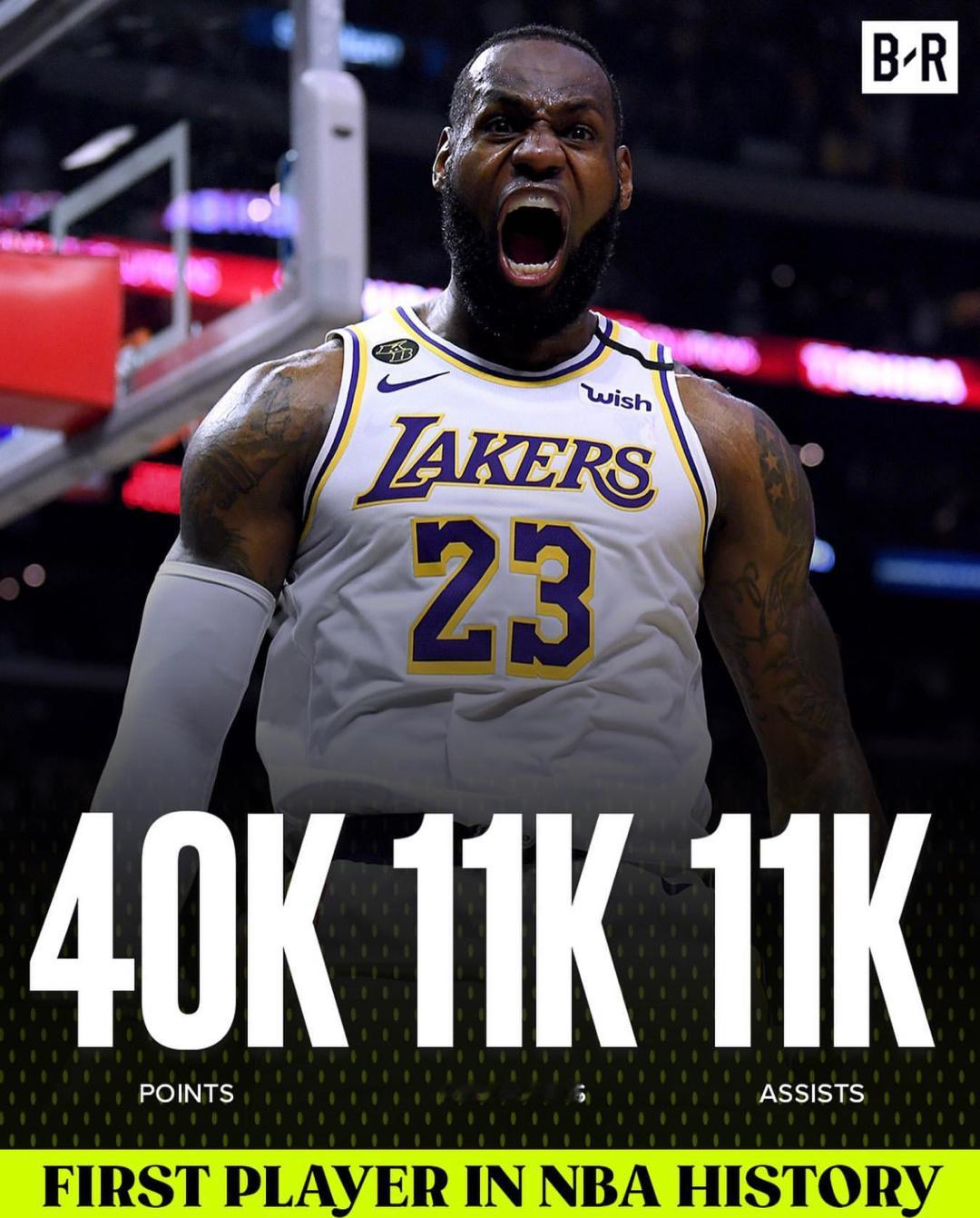 前无古人！詹姆斯成为历史上首位拿到40000分+11000篮板+11000+助攻