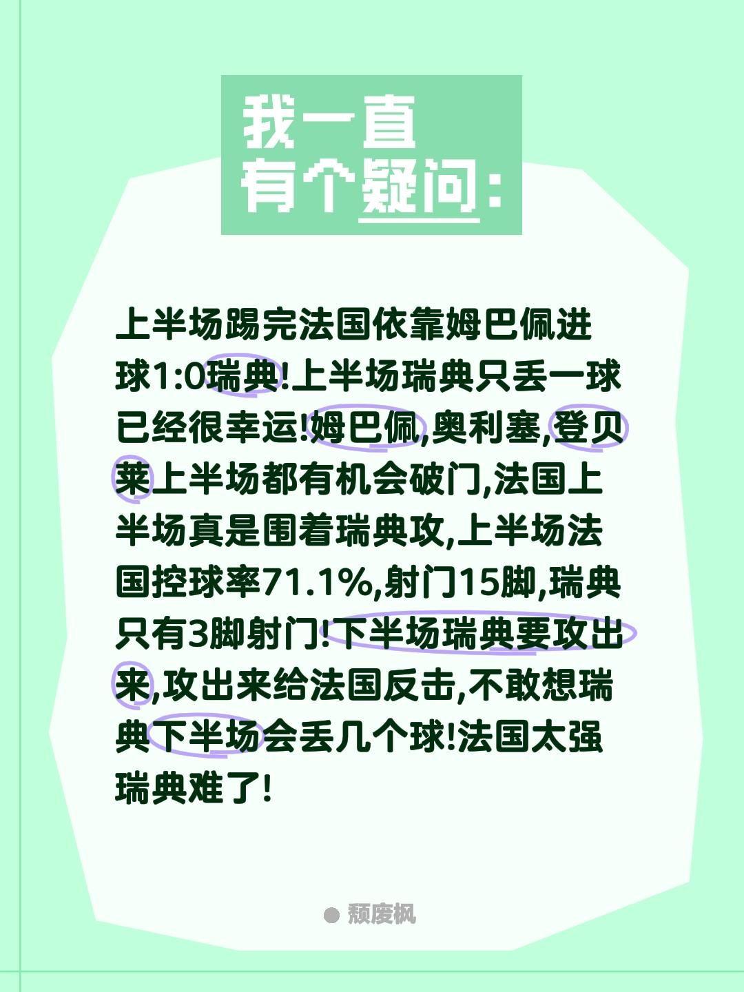 上半场踢完法国依靠姆巴佩进球1:0瑞典!上半场瑞典只丢一球已经很幸运!姆巴佩,奥
