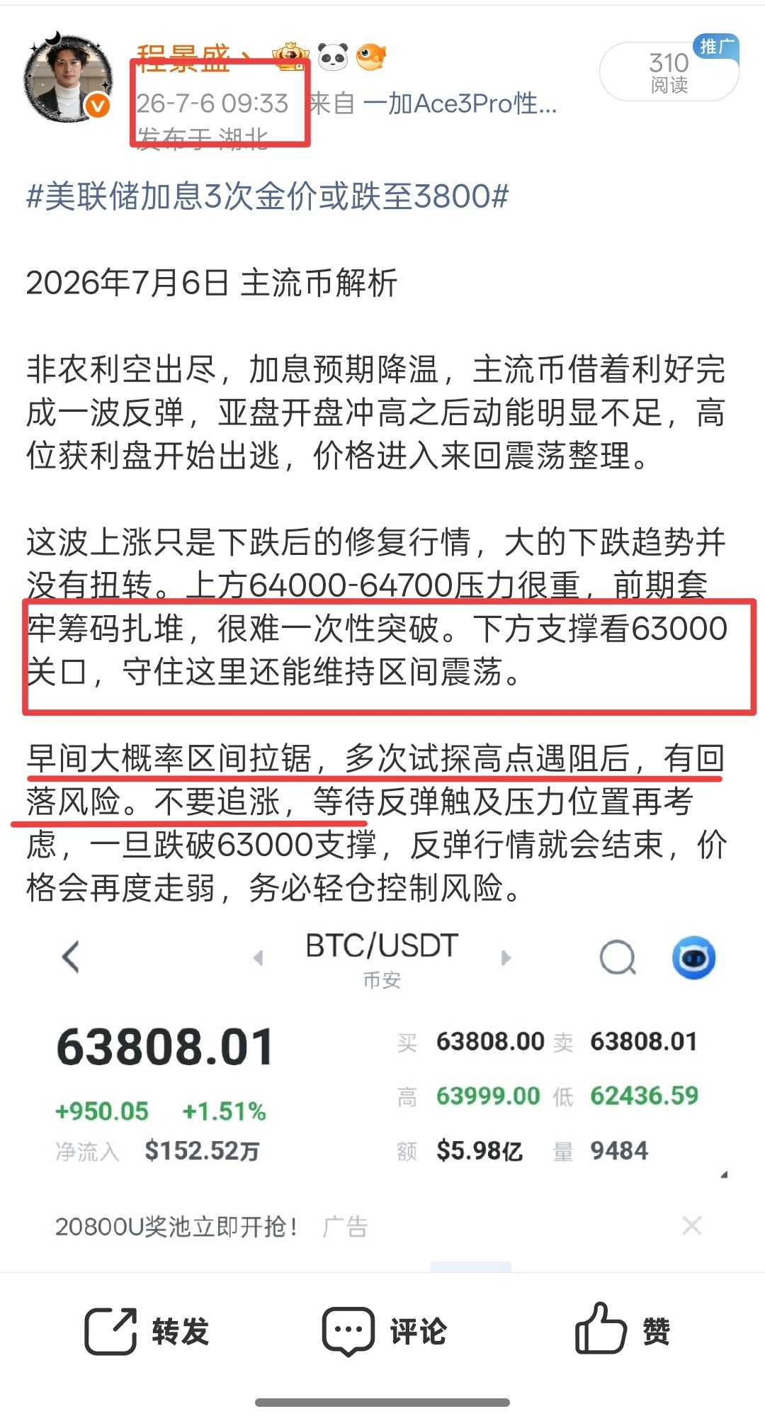 当前大饼整体保持弱势震荡下行节奏运行，早间老程就提示63000这个位置，而且上方