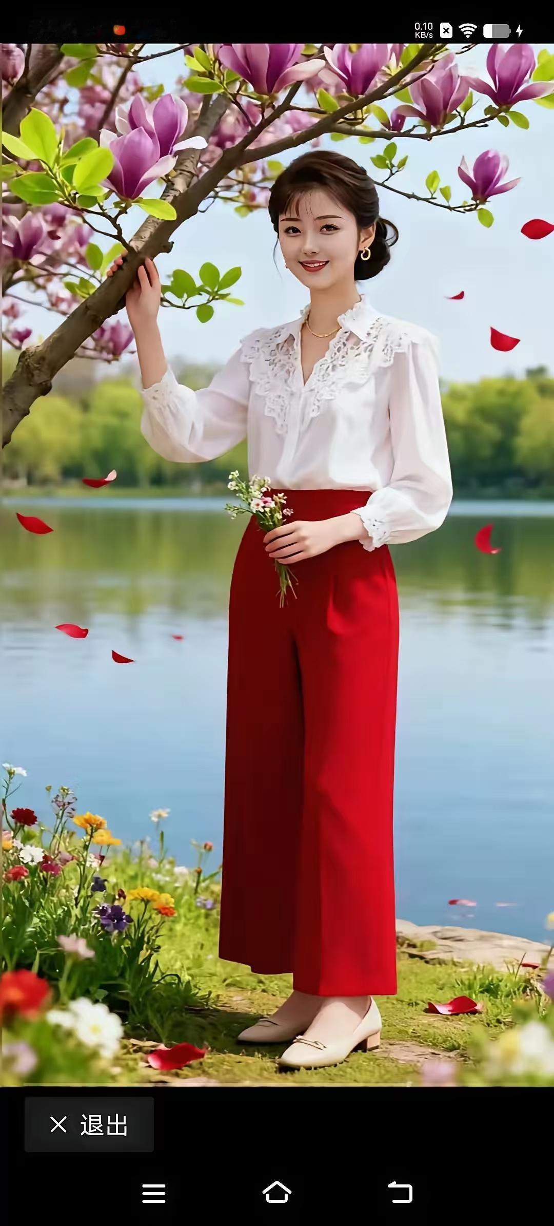 塞鸿秋·春日俪装
春风软拂云裳俏，
白衫胜雪蕾丝绕。
红裙烈焰长裤傲，
清新雅韵