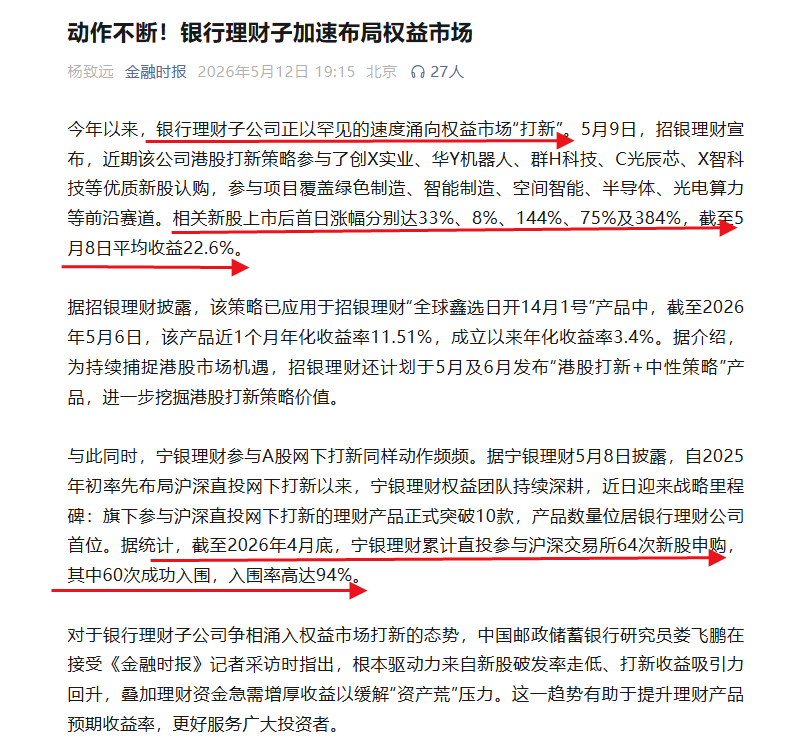 【银行理财子加速涌向权益市场“打新”！平均收益超20% 宁银理财新股申购入围率高