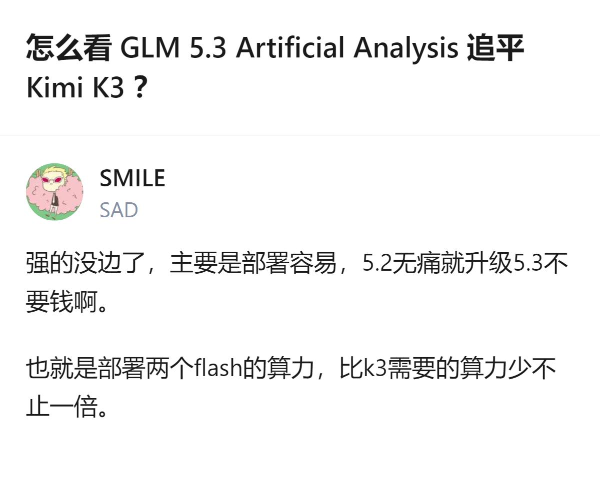 现在GLM 5.3在AA测试里直接追平还反超了Kimi K3，关键是部署成本还低