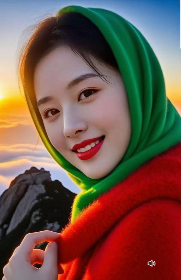 旭日东升暖光铺满天地，少女眉眼清甜，笑容绵软软糯如抹茶蛋糕，鲜明红绿撞色穿搭亮眼