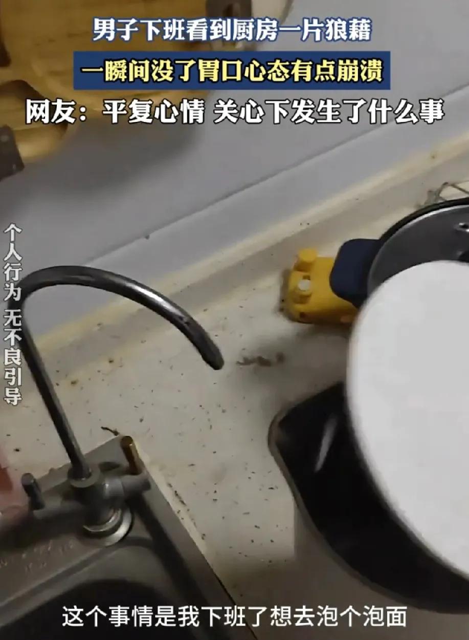 男子下班看到厨房一片狼藉，直言一瞬间没了胃口，心态有点崩溃。为什么第一个反应先是