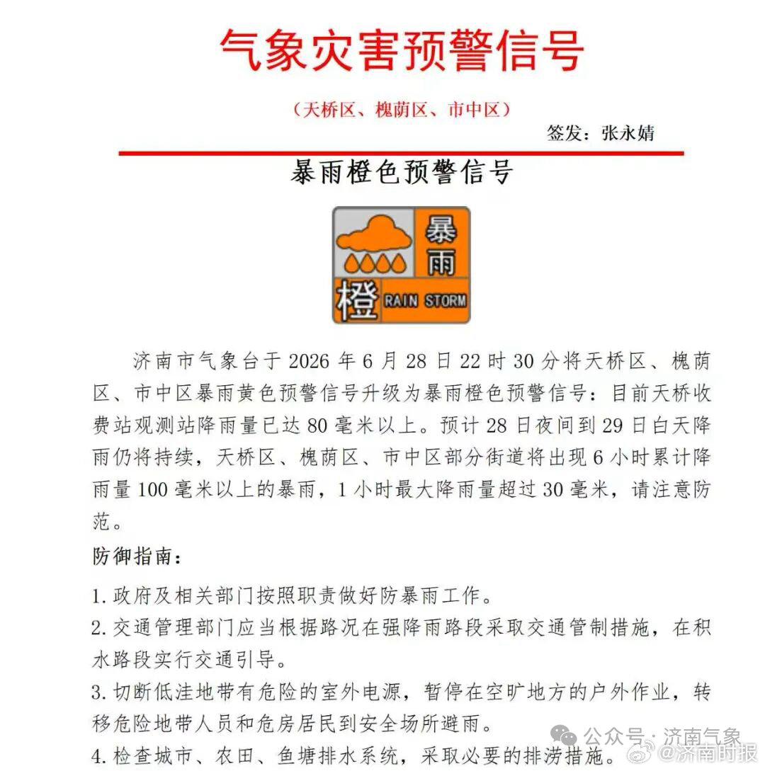 【注意防范！#济南3区发暴雨橙色预警信号#】济南市气象台于2026年6月28日2