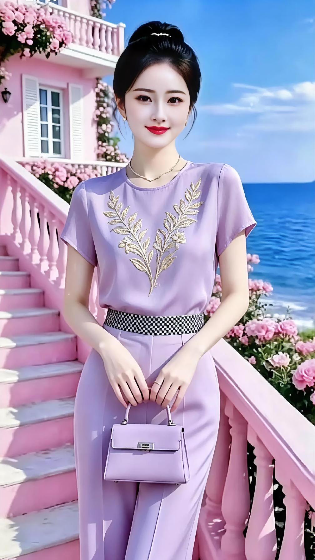 温柔香芋紫套装自带高级柔光感，上衣精致金线刺绣勾勒雅致枝叶，缎面面料顺滑垂坠，搭