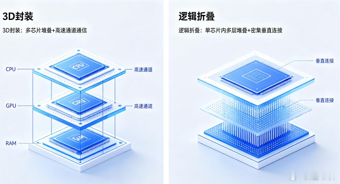 一图看懂3D封装与逻辑折叠的区别3D封装：多芯片堆叠+高速通道通信，本质上是多块