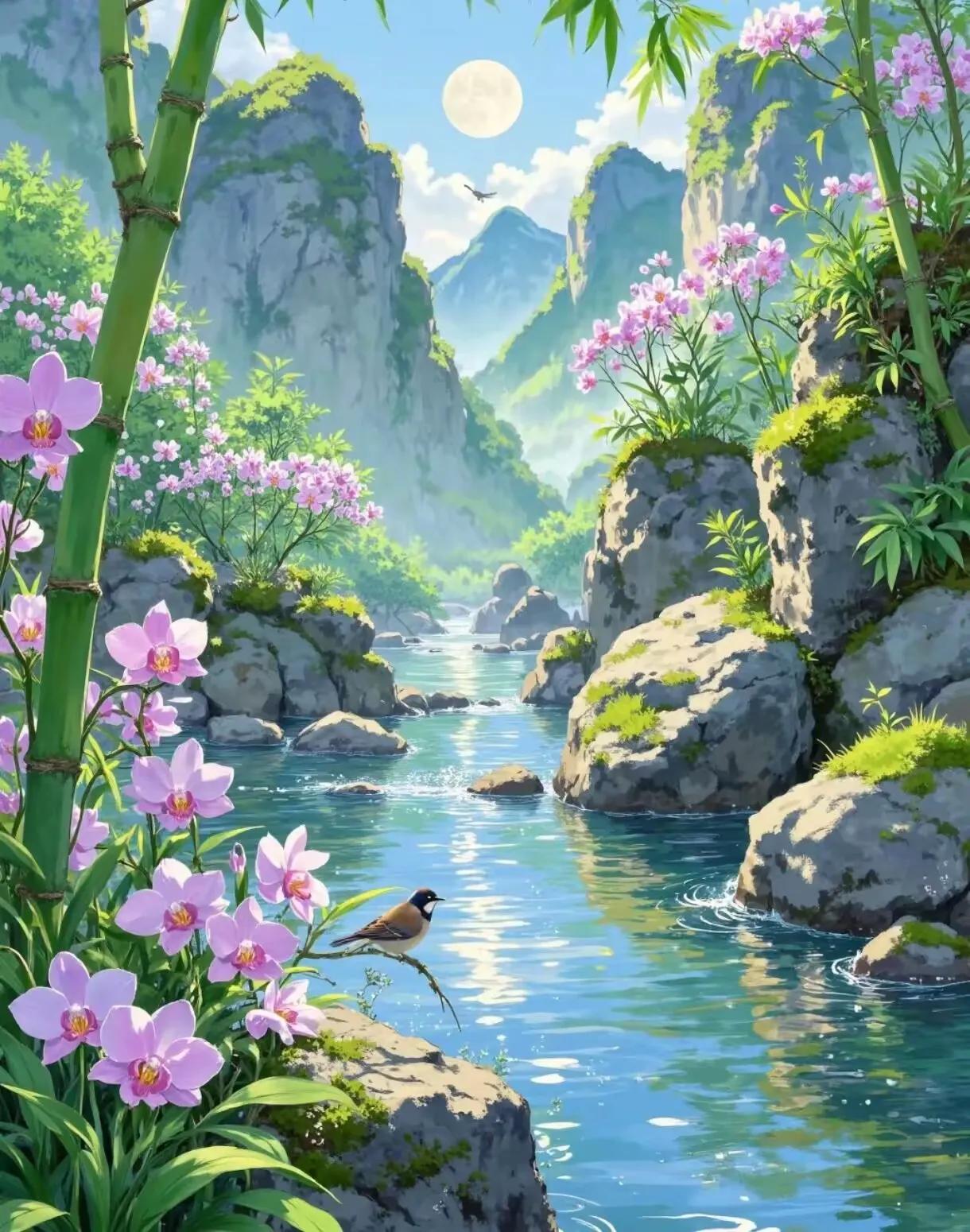 峻岭含烟云袅袅，
黄河壮阔水潺潺。
横批：《峻岭与黄河》