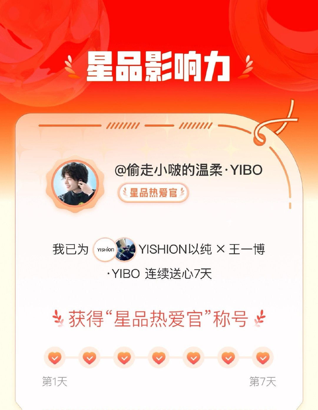 我在星品影响力上为 X 连续送心7天，获得“星品热爱官”称号！快来一起pick你