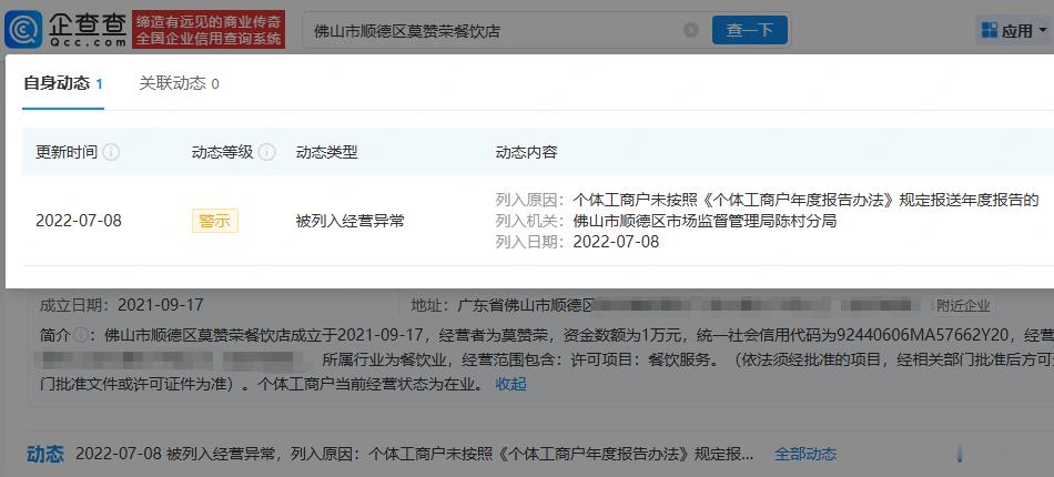 【莫氏鸡煲关联企业已成立多年】莫氏鸡煲关联企业已经营异常 近日，广东佛山顺德陈村