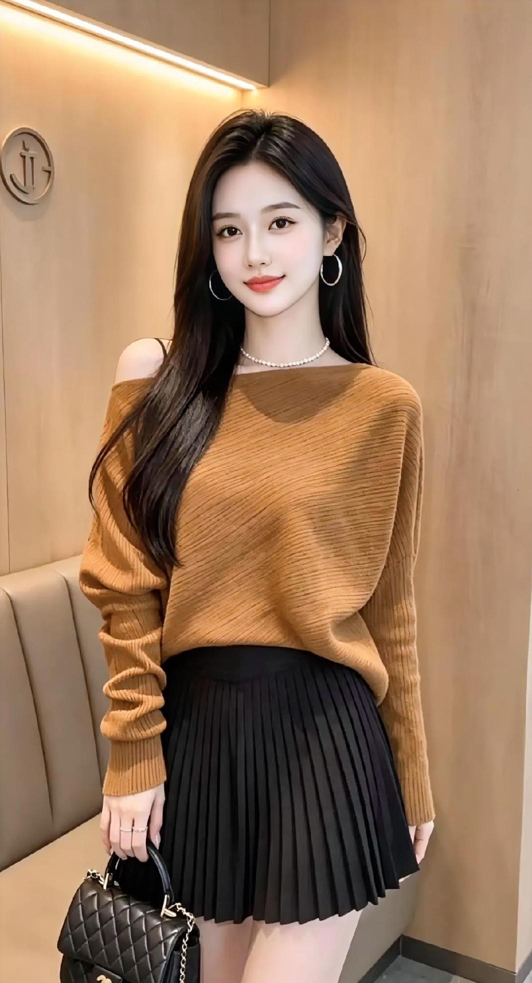《暖秋的随性诗行》

焦糖色针织，半露温柔，

黑裙百褶，摇曳轻盈步调。

长发