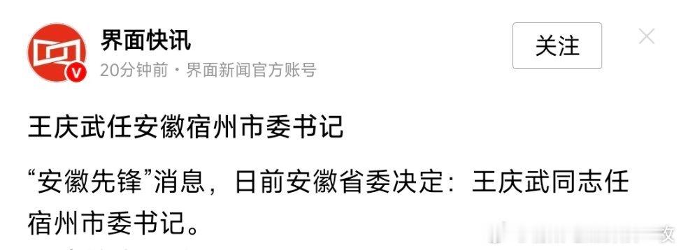 王庆武任宿州市委书记。 