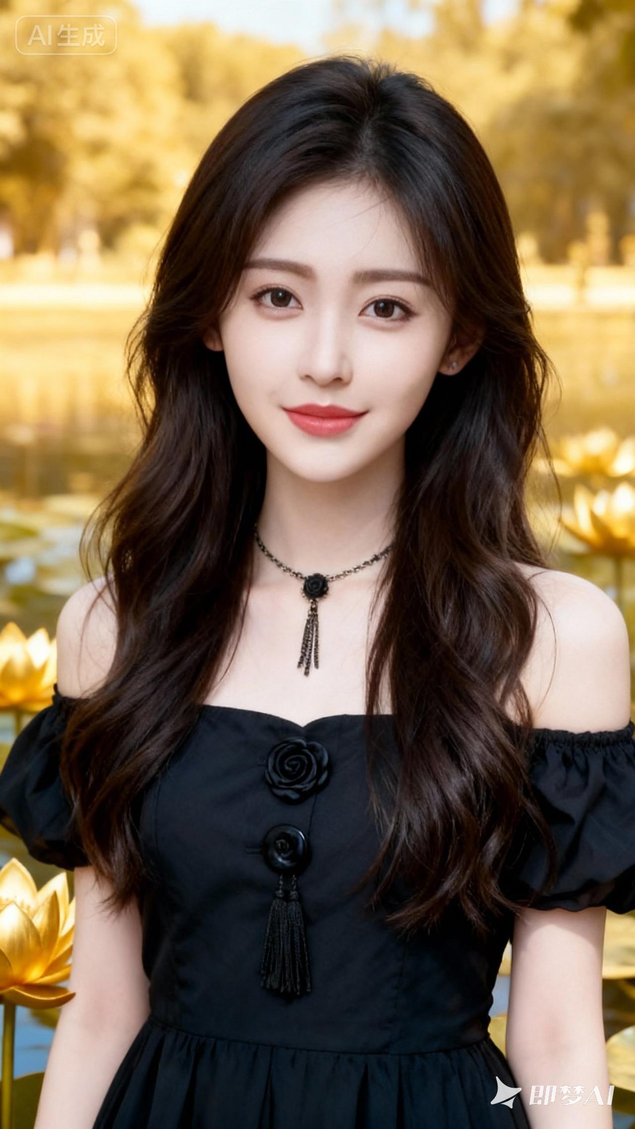 黑裙少女，夏日荷塘，清新自然，甜美可人