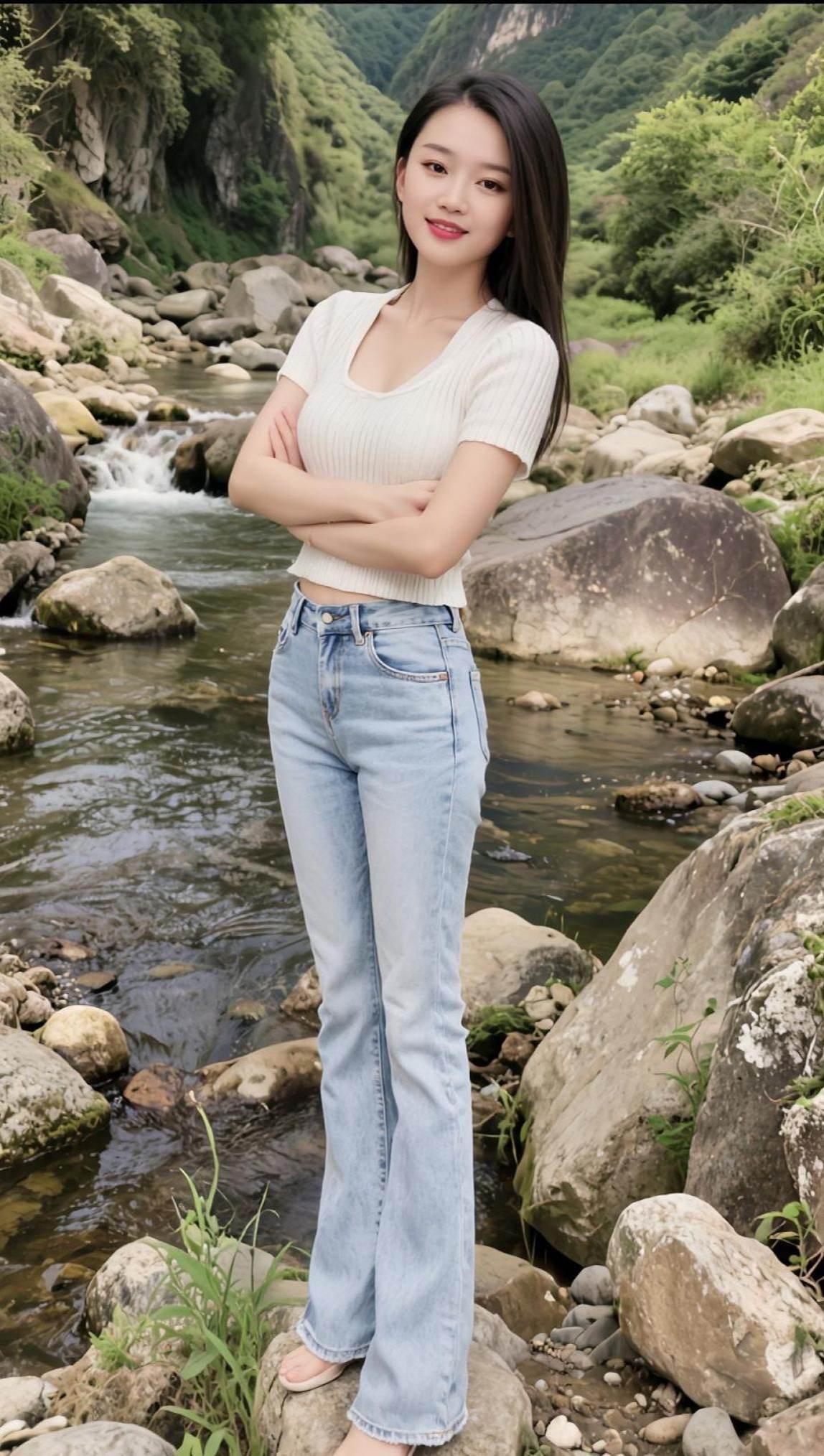 AI溪边随拍  大长腿穿搭美女
