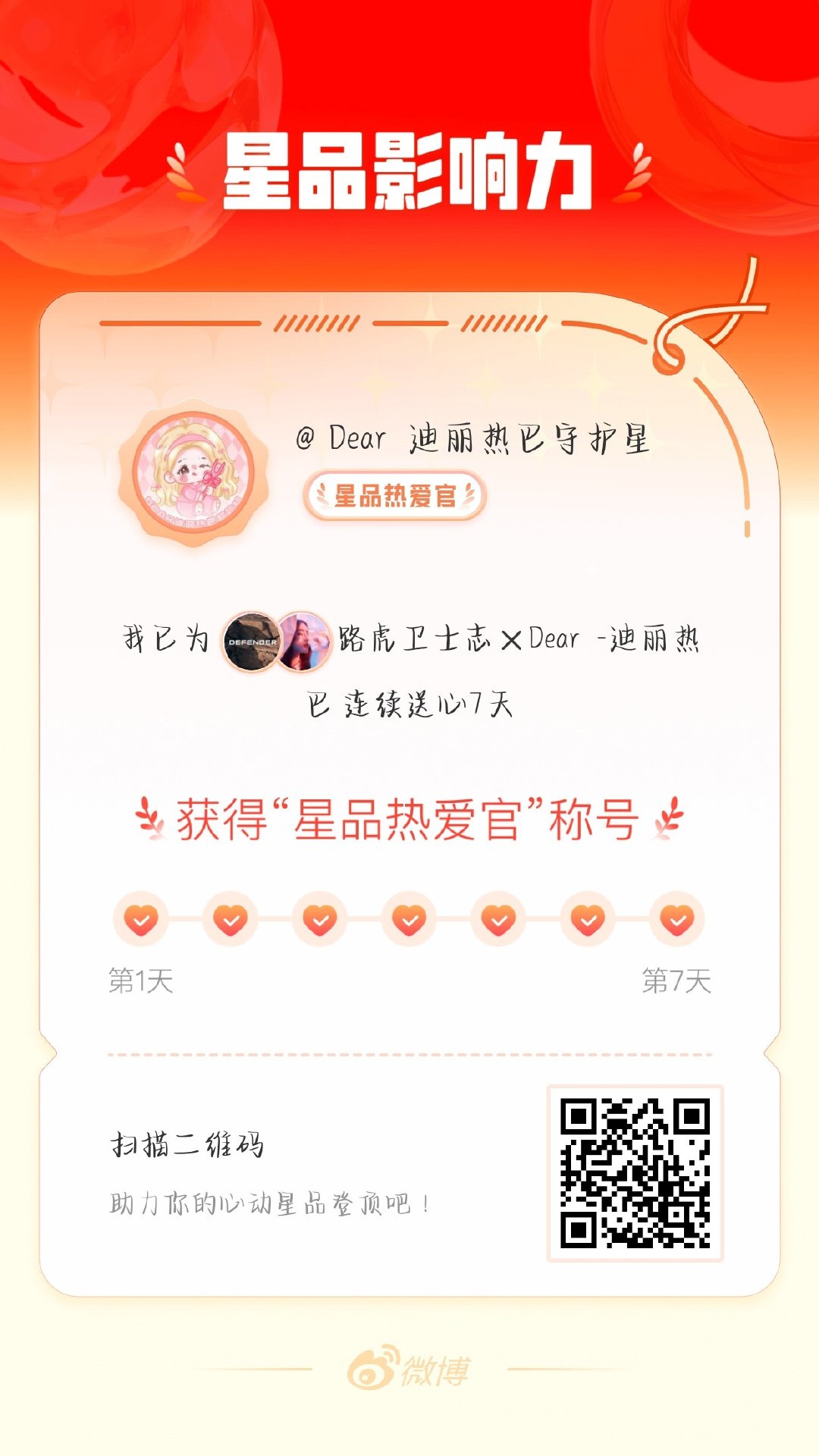 迪丽热巴我在星品影响力上为 X 连续送心7天，获得“星品热爱官”称号！快来一起p