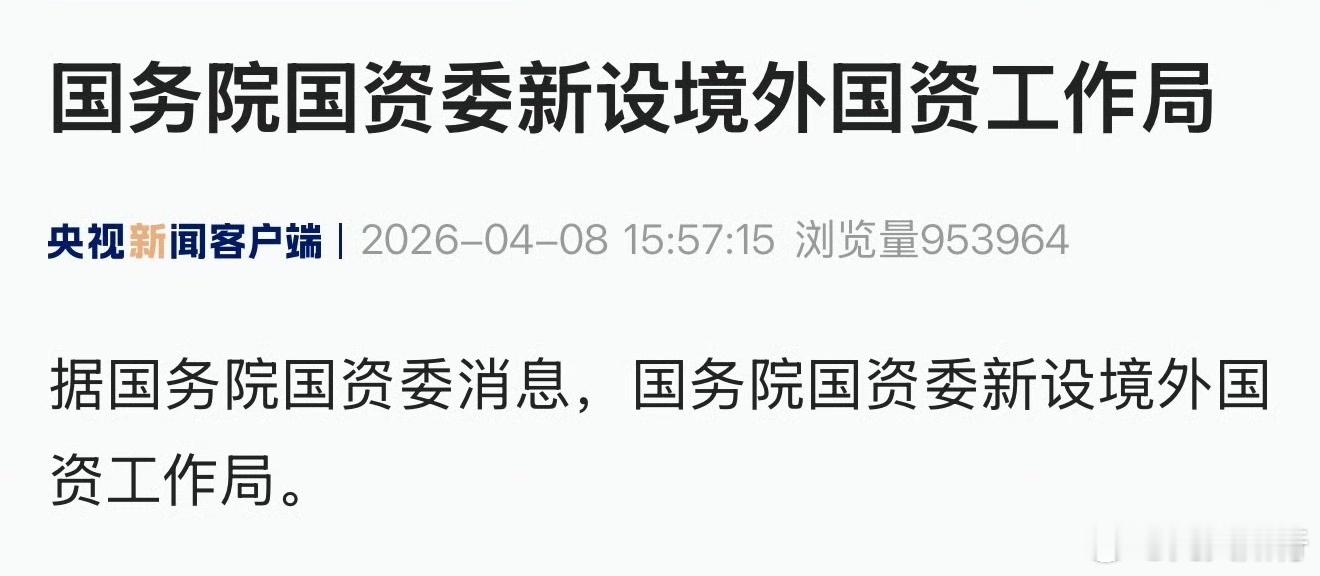 国资委成立境外国资工作局         这是一件具有深远影响的大事，有利人民币