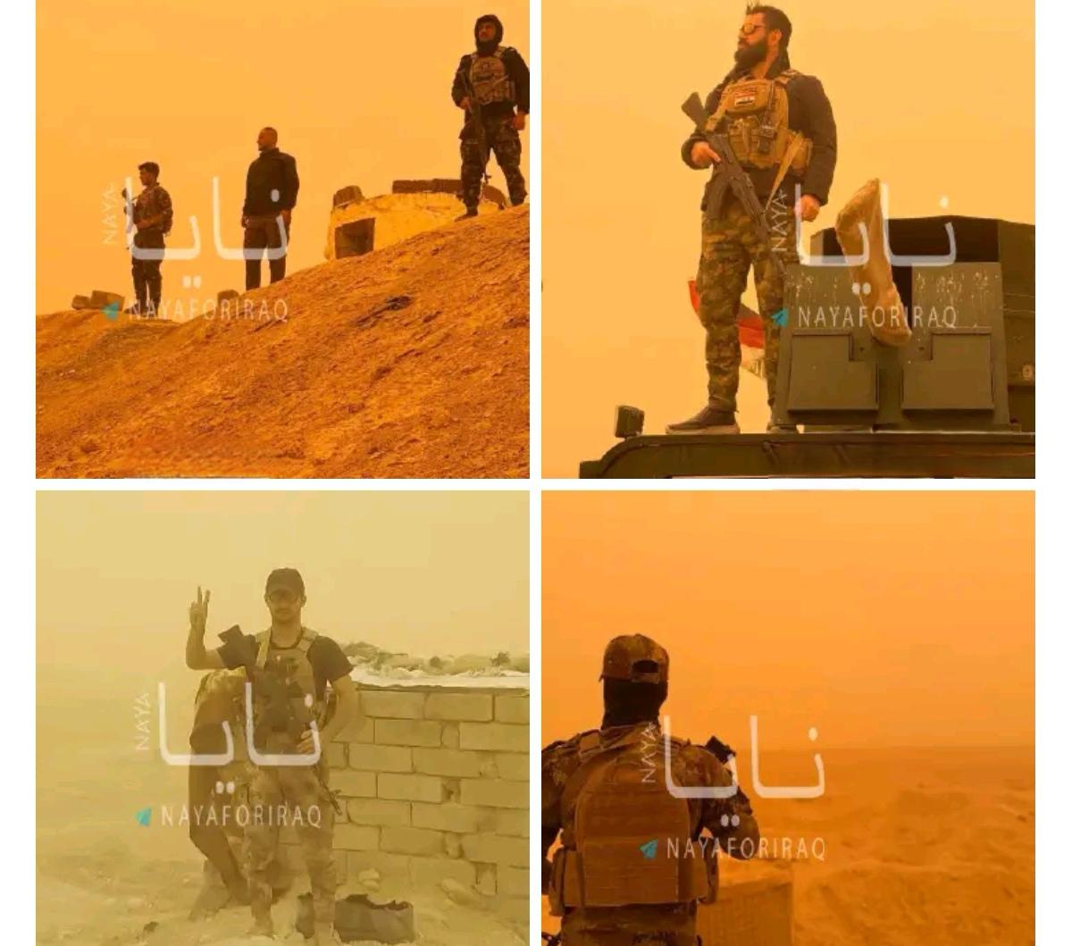 伊拉克什叶派民兵在沙尘暴终于监视伊拉克—叙利亚边境。 ​​​