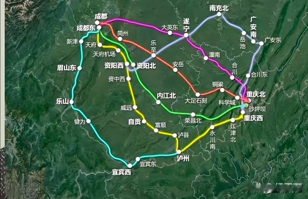 成都到重庆之间已建成多条高铁，线路密度足以和北上广深相媲美，全线贯通后，将进一步