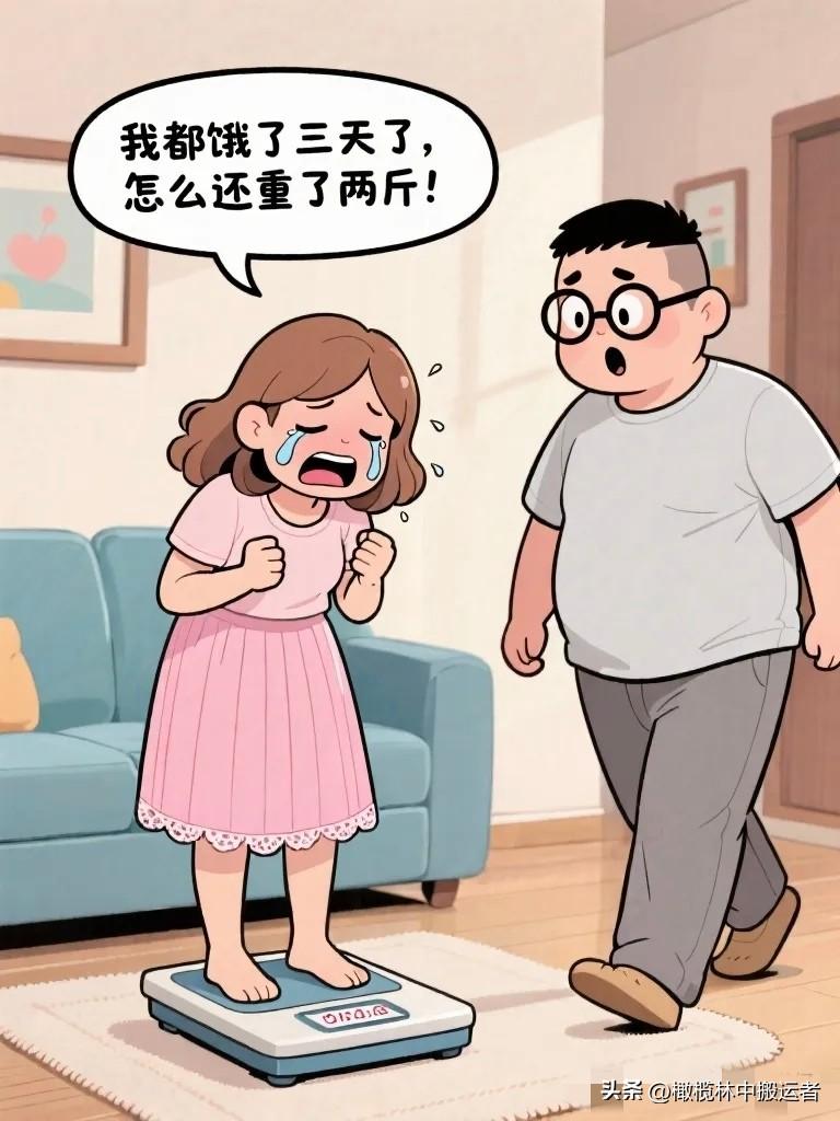 搞笑漫画：老婆减肥第三天，对着体重秤崩溃大哭：“我都饿了三天，怎么还重了两斤！”