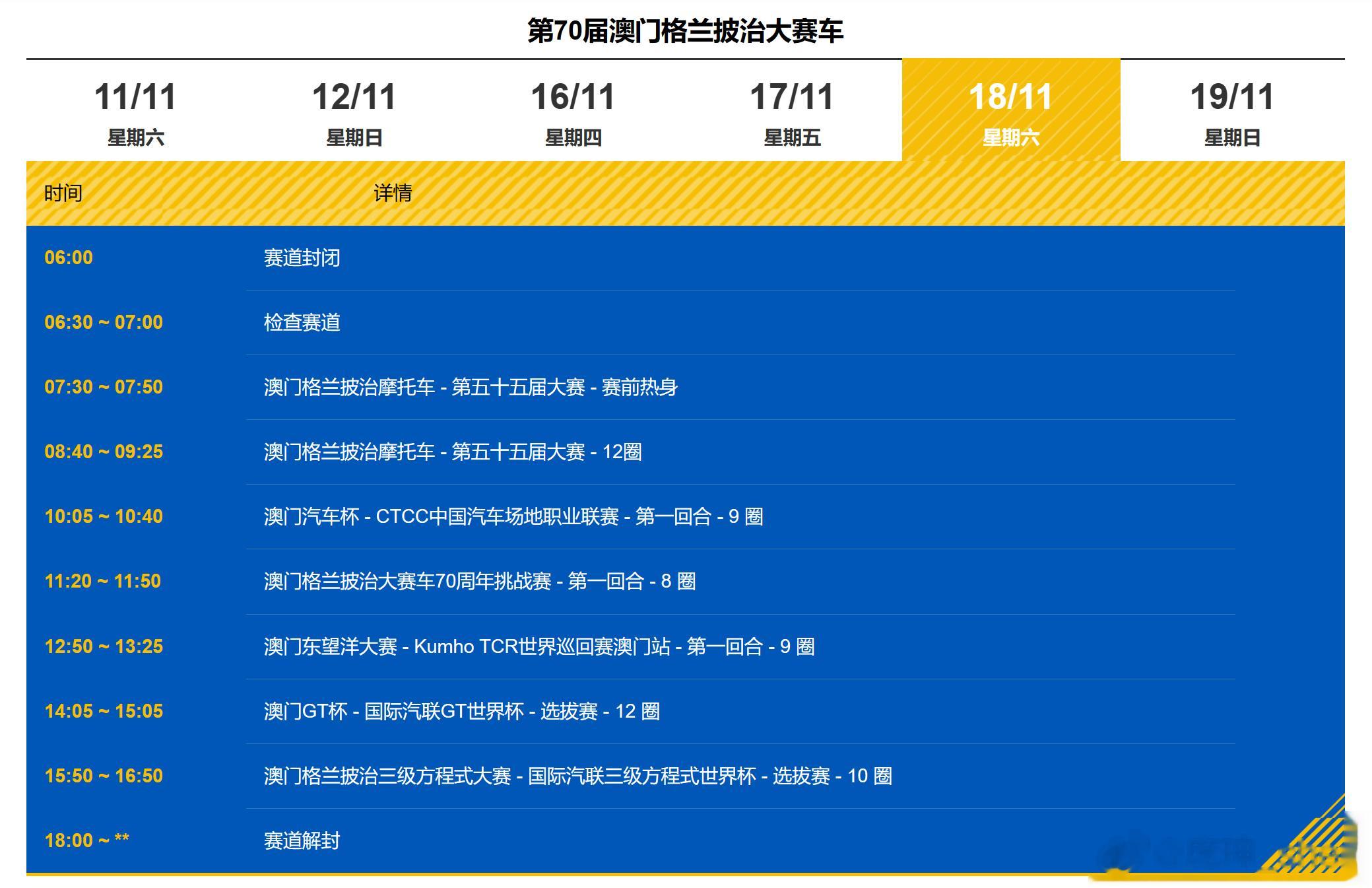 #shen车视界# 周末澳门的赛程表，好久没现场看赛车了，十分期待！还要打卡下永