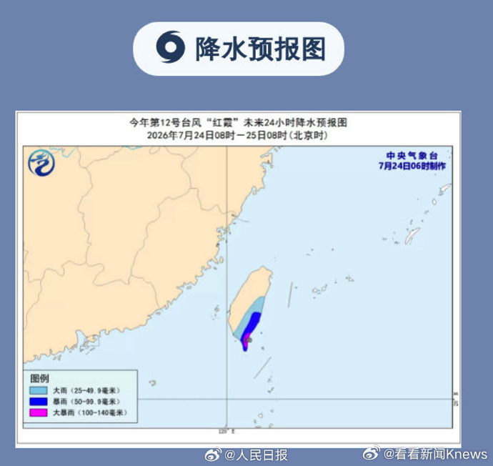 【#台风红霞预计明晚登陆粤闽沿海#】中央气象台7月24日06时发布台风橙色预警：
