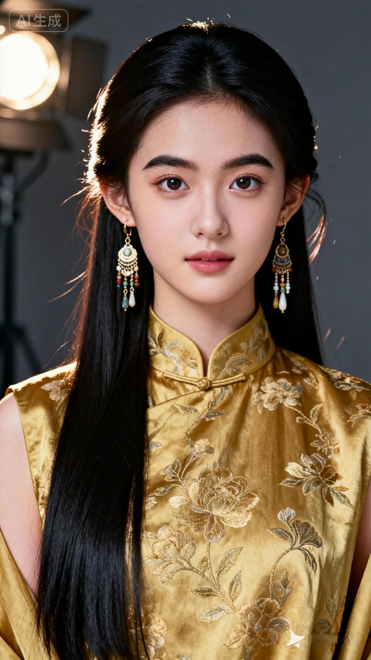 优雅复古风，金色旗袍搭配复古耳环，尽显东方韵味！