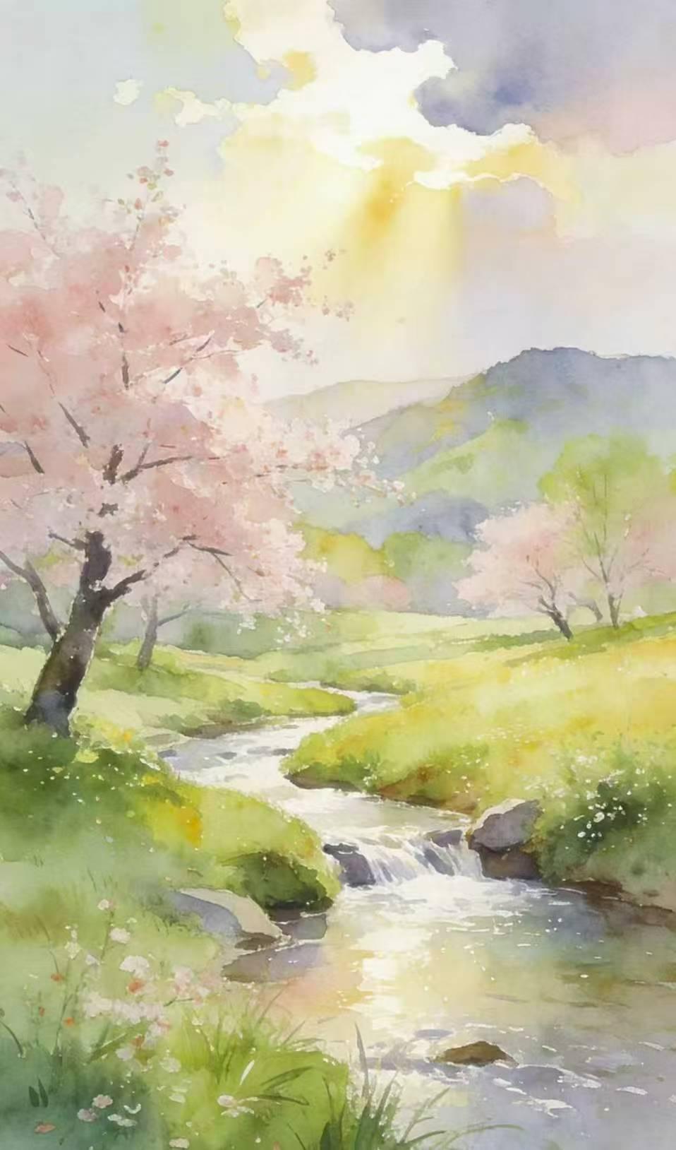 春日小溪，粉樱盛开，阳光洒落，静谧美好。