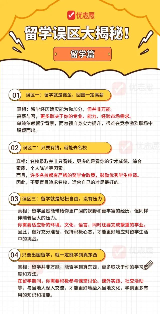 💥破除留学四大误区！
❌别被高薪、名校、轻松的假象误导！
✅留学价值，核心在自