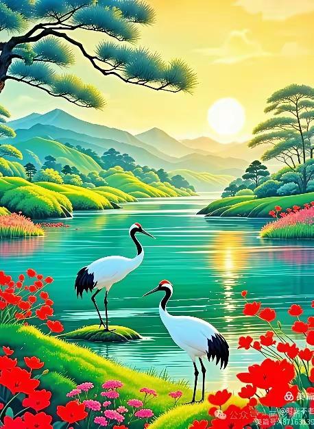 仙鹤独立青石上，一枕幽光伴瀑眠。